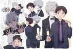  11kkr 2boys 3girls annoyed ayanami_rei bangs belt black_neckwear black_shirt black_suit blue_eyes blue_hair blue_suit blush brown_hair closed_eyes closed_mouth dress drink eating food fork formal glass glasses hand_on_another&#039;s_hip ikari_shinji kiss kissing_hand long_hair looking_at_another looking_to_the_side makinami_mari_illustrious multiple_boys multiple_girls multiple_views nagisa_kaworu necktie neckwear neon_genesis_evangelion open_mouth orange_hair purple_dress purple_neckwear red_eyes shirt short_hair simple_background smile souryuu_asuka_langley sparkle standing suit sweatdrop translation_request white_background white_shirt 