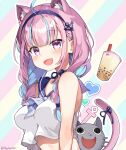  1girl :d ahoge anchor_symbol animal_ear_fluff animal_ears bangs bare_shoulders blue_hair blue_hairband blue_neckwear blue_ribbon blue_sailor_collar blush braid breasts bubble_tea cat_ears cat_girl cat_tail commentary_request crop_top crop_top_overhang cup diagonal_stripes disposable_cup drinking_straw eyebrows_visible_through_hair hairband heart hololive long_hair looking_at_viewer low_twintails medium_breasts minato_aqua multicolored_hair myuton neko_(minato_aqua) open_mouth pink_hair ribbon sailor_collar school_uniform serafuku shirt sleeveless sleeveless_shirt smile striped striped_background tail tail_ornament tail_ribbon twin_braids twintails twitter_username two-tone_hair upper_body violet_eyes virtual_youtuber white_shirt 