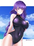  1girl arm_behind_back bangs bare_shoulders black_swimsuit blue_sky border braid braided_ponytail breasts closed_mouth clouds covered_navel cowboy_shot genshin_impact hand_on_own_chest highres horizon large_breasts long_hair looking_at_viewer mole mole_under_eye one-piece_swimsuit outside_border purple_hair raiden_shogun sky solo standing swimsuit twitter_username twomoon violet_eyes water wet wet_clothes wet_swimsuit white_border 