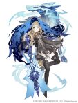  1girl alternate_eye_color black_dress blonde_hair blue_eyes boots corruption dress empty_eyes flat_chest frown full_body glowing glowing_eyes high_heel_boots high_heels ji_no lock long_hair looking_at_viewer official_art padlock red_riding_hood_(sinoalice) sinoalice solo spirit square_enix thigh-highs thigh_boots torn_clothes white_background wolf 