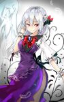  1girl braid breasts brooch dress eyebrows_visible_through_hair feathers french_braid hair_between_eyes highres jewelry kishin_sagume large_breasts purple_dress red_eyes red_neckwear shironeko_yuuki short_hair side_slit silver_hair single_wing smile solo touhou wings 