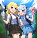  2girls :d absurdres backpack bada_(jksh5056) bag bangs black_neckwear blonde_hair blue_bow blue_eyes blue_hair blue_skirt blue_sky blurry blurry_background bow breasts brown_skirt clouds collared_shirt commentary day depth_of_field dress_shirt earrings food gawr_gura grey_hair hair_ornament heart heart_earrings highres holding holding_food hololive hololive_english ice_cream ice_cream_cone jewelry lamppost long_hair medium_breasts multicolored_hair multiple_girls necktie open_mouth outdoors pleated_skirt sharp_teeth shirt skirt sky smile streaked_hair teeth two_side_up very_long_hair virtual_youtuber watson_amelia white_shirt 