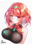  1girl artist_name bangs blush breasts competition_swimsuit earrings gem hair_ornament headpiece jewelry large_breasts looking_at_viewer one-piece_swimsuit pyra_(xenoblade) red_eyes redhead solo staring swept_bangs swimsuit sxbzero tiara xenoblade_chronicles_(series) xenoblade_chronicles_2 