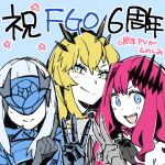  3girls armor armored_dress bangs bare_shoulders blonde_hair blue_armor blue_dress breastplate breasts detached_collar dress fairy_knight_gawain_(fate) fairy_knight_lancelot_(fate) fairy_knight_tristan_(fate) fate/grand_order fate_(series) faulds gauntlets green_eyes grey_eyes horns large_breasts long_hair looking_at_viewer mask medium_breasts multiple_girls naosuke_(morioka_shachuu) pauldrons pink_hair red_dress shoulder_armor sidelocks small_breasts smile tiara translation_request white_hair 