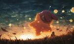  blurry clouds depth_of_field flying from_behind grass highres kirby kirby_(series) leaves_in_wind sky star_(sky) star_(symbol) starry_sky sun sunset suyasuyabi warp_star 