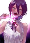  1girl :d black_choker black_ribbon blush chainsaw_man choker collared_shirt dress_shirt green_eyes hair_between_eyes highres jun_(nad-j) looking_at_viewer neck_ribbon open_mouth purple_hair reze_(chainsaw_man) ribbon shiny shiny_hair shirt short_hair sleeveless sleeveless_shirt smile solo upper_body white_shirt wing_collar 