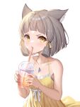  absurdres adapted_costume animal_ear_fluff animal_ears bare_arms bare_shoulders blush brown_hair cat_ears chest_jewel collarbone cup disposable_cup dress drinking hair_ribbon highres holding holding_cup nia_(xenoblade) ribbon roi_(liu_tian) short_hair sidelocks simple_background sleeveless sleeveless_dress solo sundress tress_ribbon v-shaped_eyebrows white_background xenoblade_chronicles_(series) xenoblade_chronicles_2 yellow_dress yellow_eyes yellow_ribbon 
