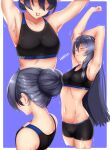  absurdres adjusting_hair alternate_hairstyle armpits arms_up back bangs black_hair border breasts closed_eyes closed_mouth fu_hua hair_between_eyes highres honkai_(series) honkai_impact_3rd in_mouth lion_space long_hair nape navel purple_background small_breasts sports_bra stretch 