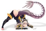  1girl arm_rest armor ass bangs corrin_(fire_emblem) corrin_(fire_emblem)_(female) dragon_girl dragon_horns dragon_tail fire_emblem fire_emblem_fates flexible full_body gloves hair_between_eyes hairband horns jack-o&#039;_challenge jack-o&#039;_valentine jarckius jarckius_art long_hair looking_at_viewer manakete meme pointy_ears red_eyes silver_hair simple_background smile solo spread_legs tail top-down_bottom-up twitter white_hair wide_spread_legs 