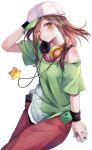  1girl adjusting_clothes adjusting_headwear arm_at_side bare_shoulders baseball_cap beads black_wristband blush bra_strap brown_eyes brown_hair cellphone closed_mouth commentary gaen_izuko green_headwear green_shirt hair_over_one_eye hair_strand hand_on_headwear hat headphones headphones_around_neck highres holding holding_phone in_pocket jewelry long_hair looking_at_viewer monogatari_(series) necklace off-shoulder_shirt off_shoulder pants pendant phone prayer_beads red_pants shirt short_sleeves sideways_hat simple_background sitting smartphone solo star_(symbol) t-shirt white_background white_headwear wristband yuunamida_uyu 