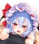  1boy 1girl absurdres arms_up bangs bat_wings blue_hair blush brooch commentary_request dress ei_tantan eyebrows_visible_through_hair fangs from_above grabbing hair_between_eyes hat hat_ribbon highres jewelry mob_cap open_mouth pointy_ears pov reaching_out red_eyes red_ribbon remilia_scarlet ribbon shirt_grab short_hair simple_background skin_fangs slit_pupils solo_focus tearing_up touhou white_background white_dress white_headwear wings 
