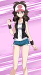  1girl baseball_cap blue_eyes brown_hair closed_mouth collarbone denim denim_shorts hat highres hilda_(pokemon) holding holding_poke_ball legs looking_at_viewer pink_background poke_ball poke_ball_(basic) pokemon pokemon_(game) pokemon_bw ponytail shorts solo standing thighs tsukishiro_saika 