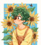  boku_no_hero_academia bug butterfly butterfly_on_head dungarees english_commentary evelyn_art_05 flower freckles green_eyes green_hair heart highres insect long_sleeves midoriya_izuku shirt signature sunflower yellow_shirt 