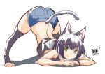  1girl animal_ear_fluff animal_ears bangs black_hair black_hoodie black_legwear blue_shorts cat_ears cat_girl cat_tail closed_mouth commentary crop_top english_commentary eyebrows_visible_through_hair fang fang_out full_body green_eyes highres hood hood_down hoodie jack-o&#039;_challenge looking_at_viewer midriff nekoi_hikaru no_shoes original own_hands_together shadow short_shorts shorts sketch smile solo tail toeless_legwear top-down_bottom-up white_background 