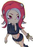  1girl ashiomi_masato bracelet breasts closed_mouth jewelry long_hair navel octarian octoling pointy_ears redhead shirt shorts simple_background solo splatoon_(series) splatoon_2 standing suction_cups tentacle_hair white_background 