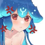  1girl 2021 4st3r anger_vein bao_(vtuber) blue_hair blush breasts closed_mouth commentary english_commentary eyebrows_visible_through_hair indie_virtual_youtuber pout pouty_lips red_eyes simple_background virtual_youtuber white_background 