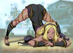  arm_rest ass black_hair blonde_hair dark-skinned_female dark_skin flexible full_body genzoman gravity_daze gravity_daze_2 hairband highres huge_ass jack-o&#039;_challenge kitten_(gravity_daze) lips long_hair meme pose red_eyes shiny shiny_hair shiny_skin side_slit sky smile sony spread_legs stretch top-down_bottom-up wide_spread_legs 