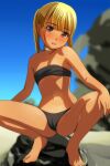  1girl :d absurdres bandeau bangs bare_arms bare_legs bare_shoulders barefoot bikini blonde_hair blue_sky blurry blurry_background blush brown_eyes collarbone day depth_of_field eyebrows_visible_through_hair highres long_hair looking_at_viewer matsunaga_kouyou navel nose_blush open_mouth original outdoors sidelocks sky smile solo spread_legs squatting strapless strapless_bikini swimsuit tiptoes twintails upper_teeth 