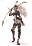  1girl absurdres animal_ears armor black_choker bow_(weapon) choker closed_mouth contrapposto dark-skinned_female dark_skin final_fantasy final_fantasy_xii final_fantasy_xiv fran_(ff12) full_body hand_up high_heels highres holding holding_bow_(weapon) holding_weapon kotatsu_(g-rough) long_hair looking_at_viewer navel rabbit_ears red_eyes simple_background solo viera weapon white_background white_hair 