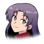  brown_eyes commentary ear_piercing earrings eyebrows_visible_through_hair jacket jewelry katsuragi_misato light_smile long_hair looking_at_viewer neon_genesis_evangelion piercing purple_hair red_jacket sasihmi tagme 