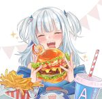  :d bangs bloop_(gawr_gura) blue_eyes blunt_bangs blush burger chiseoyasumi closed_eyes cup disposable_cup eyebrows_visible_through_hair food french_fries gawr_gura highres hololive hololive_english open_mouth sharp_teeth shrimp sidelocks silver_hair smile teeth twintails white_hair 