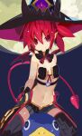  1girl 1other alternate_costume commentary_request demon_girl demon_tail demon_wings detached_collar disgaea etna fang flat_chest full_moon gloves hair_between_eyes hat living_clothes looking_at_viewer makai_senki_disgaea mini_wings miyakawa106 moon navel pointy_ears prinny red_eyes red_tail redhead shorts sitting sitting_on_person smile stomach sweatdrop tail thigh-highs wings witch_hat 