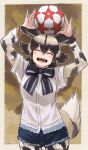  1girl absurdres african_wild_dog_(kemono_friends) african_wild_dog_print animal_ears animal_print arms_up ball bangs blush_stickers bodystocking border bow bowtie closed_eyes cowboy_shot cutoffs denim denim_shorts dog_ears dog_girl dog_tail dress_shirt extra_ears eyebrows_visible_through_hair facing_viewer hair_between_eyes happy highres huge_filesize kemono_friends layered_sleeves long_sleeves object_on_head open_mouth parted_bangs print_sleeves shirt short_over_long_sleeves short_shorts short_sleeves shorts sidelocks smile soccer_ball solo tail toriny 
