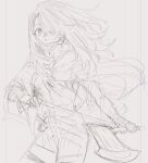  1girl axe bandaged_arm bandaged_hand bandages cloak elf hair_over_one_eye highres holding holding_axe holding_weapon long_hair maido_mido original parted_lips pointy_ears sketch solo weapon wide-eyed 