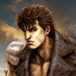  1boy blue_sky brown_eyes brown_hair closed_mouth clouds commentary_request frown hokuto_no_ken jacket kenshiro leather leather_jacket light looking_at_viewer manly muscular muscular_male serious short_hair shoulder_pads sky solo tsunetarou_(yasu) upper_body veins 