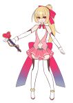  bare_shoulders blonde_hair character_request clothing_cutout elbow_gloves fang full_body gloves hair_ribbon kill_time_communication kutan long_hair magical_girl miniskirt navel navel_cutout pink_skirt ponytail red_eyes ribbon simple_background skirt thigh-highs wand white_background white_gloves 