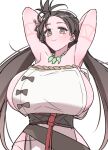  1girl akitokage01 armpits arms_behind_head arms_up bare_shoulders blush body_markings breasts brown_eyes brown_hair closed_mouth dress fate/grand_order fate_(series) groin himiko_(fate) huge_breasts long_hair looking_at_viewer magatama magatama_necklace no_bra no_panties sash side_slit sideboob smile topknot twintails white_dress 