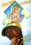  1girl ashiomi_masato ass bikini bikini_top black_legwear blonde_hair blue_eyes breasts evolution_championship_series gloves guilty_gear guilty_gear_xrd long_hair looking_at_viewer millia_rage pantyhose pom_pom_(cheerleading) solo swimsuit visor_cap yellow_headwear 