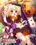  (#)w(#) 1girl arms_up bandages bell black_headwear black_shirt black_skirt blonde_hair bound bound_wrists bow candle candlelight candy candy_cane coffin food ghost gradient_skirt hair_bow halloween hat highres jack-o&#039;-lantern jingle_bell koihime_musou midriff miniskirt official_art open_mouth orange_skirt pumpkin red_eyes ribbon school_uniform serafuku shirt shokatsuryou short_hair short_sleeves skirt solo thighs 