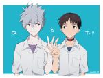  11kkr 2boys bangs blue_background blue_eyes brown_hair closed_mouth ikari_shinji light_blush looking_at_another multiple_boys nagisa_kaworu neon_genesis_evangelion red_eyes shirt short_hair simple_background smile standing upper_body white_hair 