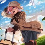  1girl absurdres alternate_costume amami_tokko animal bird blue_sky breasts brown_headwear brown_jacket brown_legwear brown_neckwear brown_ribbon commentary_request day dove fate/grand_order fate_(series) field grass grey_skirt hair_over_one_eye hat highres jacket leaf long_sleeves looking_at_viewer lostroom_outfit_(fate) mash_kyrielight medium_breasts miniskirt neck_ribbon official_alternate_costume one_eye_covered open_mouth outdoors pink_hair pleated_skirt ribbon short_hair skirt sky smile solo teeth thigh-highs violet_eyes wind 