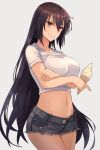  1girl black_hair black_shorts blush breasts brown_eyes closed_mouth collarbone cowboy_shot food grey_background hair_between_eyes highres holding holding_food ice_cream kantai_collection kasumi_(skchkko) large_breasts long_hair nagato_(kancolle) shirt short_shorts short_sleeves shorts simple_background smile solo white_shirt 