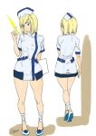  1girl alternate_costume ashiomi_masato ass blonde_hair blue_eyes breasts closed_mouth dress guilty_gear hat kunai millia_rage nurse nurse_cap short_hair short_sleeves signature solo weapon 