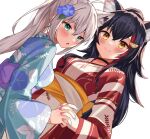  2girls :o animal_ear_fluff animal_ears aqua_kimono bangs black_hair blue_flower blue_kimono blue_nails blush breasts cardigan choker commentary dutch_angle floral_print flower fox_ears green_eyes hair_between_eyes hair_flower hair_ornament hair_strand height_difference high_ponytail holding_hands hololive japanese_clothes kimono large_breasts long_hair looking_ahead looking_at_viewer moonbell multicolored_hair multiple_girls nail_polish obi ookami_mio open_mouth pink_nails purple_sash red_kimono redhead sash shirakami_fubuki sidelocks silver_hair simple_background smile streaked_hair two-tone_hair two-tone_kimono white_background white_kimono white_sash wolf_ears yellow_cardigan yellow_eyes yellow_sash yukata 