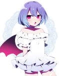  1girl alternate_costume arms_behind_back bangs bat_wings cowboy_shot dress eyebrows_visible_through_hair frilled_dress frills highres looking_at_viewer off-shoulder_dress off_shoulder open_mouth pink_eyes purple_hair remilia_scarlet remodel_(kantai_collection) short_hair short_sleeves slit_pupils solo standing sundress touhou white_background white_dress wings you_(noanoamoemoe) 
