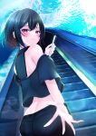  1girl absurdres aquarium ass bangs bare_shoulders black_hair black_pants black_shirt blurry blush closed_mouth crossed_bangs depth_of_field escalator from_behind highres holding holding_phone kazanock looking_at_viewer looking_back off_shoulder original outstretched_hand pants phone red_eyes shirt short_hair short_sleeves solo 