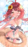  :o antenna_hair azur_lane bikini blue_background blurry blurry_background blush commission floating_hair flower groin hair_flower hair_ornament highres holding holding_innertube innertube jersey_(azur_lane) light long_hair looking_at_viewer navel nyahu_(nyahu_77) redhead ribbon skeb_commission summer sunflower sunflower_hair_ornament swimsuit thighs yellow_eyes 