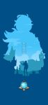  1boy absurdres blue_theme boots building cape clouds fantasy genshin_impact highres incredibly_absurdres kaeya_(genshin_impact) mryu plant potted_plant short_hair silhouette sky solo sparkle standing vision_(genshin_impact) 