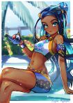  1girl arm_support armlet artist_name bench bike_shorts black_hair blue_eyes blue_eyeshadow blue_hair blue_sky blurry blurry_background bush crossed_legs dark-skinned_female dark_skin dynamax_band earrings eyeshadow fence gloves hair_bun highres holding holding_poke_ball hoop_earrings jewelry light_blush long_hair looking_at_viewer makeup midriff multicolored_hair navel necklace nessa_(pokemon) open_mouth outdoors palm_leaf palm_tree partially_fingerless_gloves poke_ball poke_ball_(basic) pokemon pupu_ayaba single_glove sitting sky solo stomach tan tree two-tone_hair 