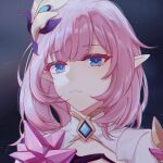  1girl bangs black_background blue_eyes closed_mouth dress elysia_(honkai_impact) hair_between_eyes hair_ornament highres honkai_(series) honkai_impact_3rd long_hair looking_at_viewer pink_hair pointy_ears portrait silence_(pixiv18541142) solo white_dress 