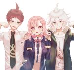  1girl 2boys :d bangs black_shirt blush breast_pocket breasts collarbone collared_shirt commentary_request dangan_ronpa_(series) dangan_ronpa_2:_goodbye_despair dress_shirt flipped_hair green_jacket green_neckwear hair_between_eyes hair_ornament hands_up highres hinata_hajime hood hood_down jacket komaeda_nagito light_brown_hair looking_at_viewer medium_breasts medium_hair multiple_boys nanami_chiaki neck_ribbon necktie open_clothes open_jacket open_mouth paw_pose pink_eyes pink_hair pink_ribbon pocket print_shirt ribbon shirt shirt_tucked_in short_hair simple_background skirt smile snow_finale upper_teeth white_background white_shirt 