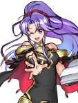  1girl alternate_costume bare_shoulders betabetamaru black_dress black_feathers blue_ribbon book cape dress earrings eyebrows_visible_through_hair fire_emblem fire_emblem:_genealogy_of_the_holy_war fire_emblem_heroes hair_ornament hair_ribbon hairband highres holding holding_book jewelry long_hair looking_at_viewer magic official_alternate_costume one_eye_closed open_mouth outstretched_hand ponytail purple_hair red_hairband ribbon sidelocks solo tailtiu_(fire_emblem) twitter_username upper_teeth very_long_hair violet_eyes white_background 