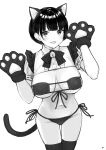  1girl :d absurdres animal_ears animal_hands bangs bell bikini blush bow breasts cat_ears cat_tail center_frills collared_shirt commentary_request frills front-tie_bikini front-tie_top gloves greyscale groin hands_up highres jingle_bell large_breasts monochrome navel open_mouth original paw_gloves puffy_short_sleeves puffy_sleeves ribbon-trimmed_sleeves ribbon_trim shirt short_hair short_sleeves shrug_(clothing) side-tie_bikini simple_background smile swimsuit tail takenoko_no_you thigh-highs thigh_gap white_background 
