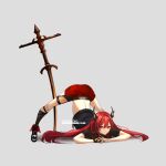  1girl alternate_costume arknights artist_name belt crop_top horns jack-o&#039;_challenge long_hair looking_at_viewer redhead simple_background solo supershrimpcakes surtr_(arknights) surtr_(liberte_echec)_(arknights) sword violet_eyes weapon 