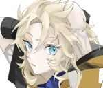  10zikan_netai 1boy albedo_(genshin_impact) arms_up bangs black_gloves blonde_hair blue_eyes blue_shirt genshin_impact gloves hair_between_eyes hands_in_hair highres jacket male_focus parted_lips portrait shirt short_sleeves simple_background solo white_background 