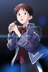  11kkr 1boy black_background black_pants black_shirt blue_eyes blush brown_hair highres holding holding_microphone holding_microphone_stand ikari_shinji jacket light_blush microphone microphone_stand music neckwear neon_genesis_evangelion open_mouth pants red_neckwear shirt short_hair singing solo sparkle standing sweat sweatdrop 